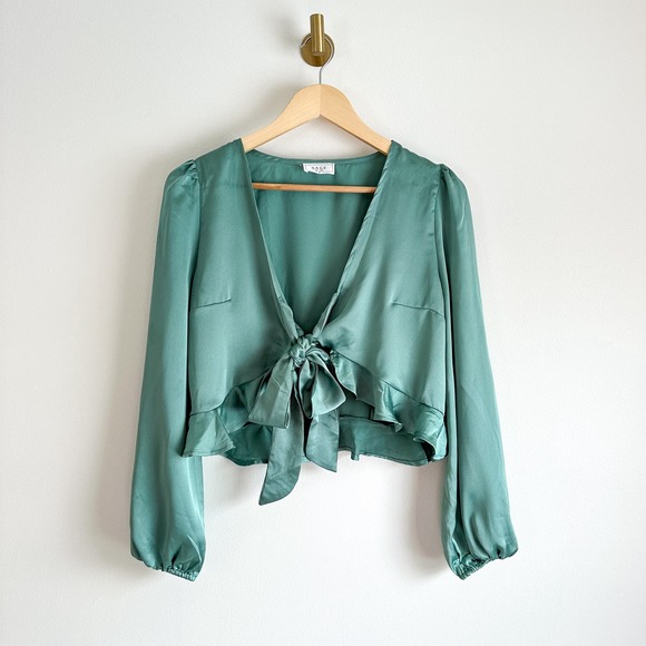 Sage the Label Tops - SAGE The Label Tie-Front Balloon Sleeve Ruffle Trim Blouse Green S